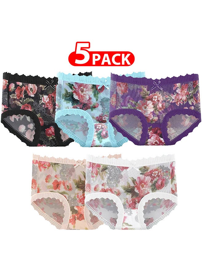 MARGOUN 5 Packs Ultra-thin Panties Women Lace Briefs Ice Silk Mid Waist Panties Female Lingerie Fashion Flower Print Seamless Underwear/M (Waist 22'')--L (Waist 24'')--XL (Waist 26'') - Image 1