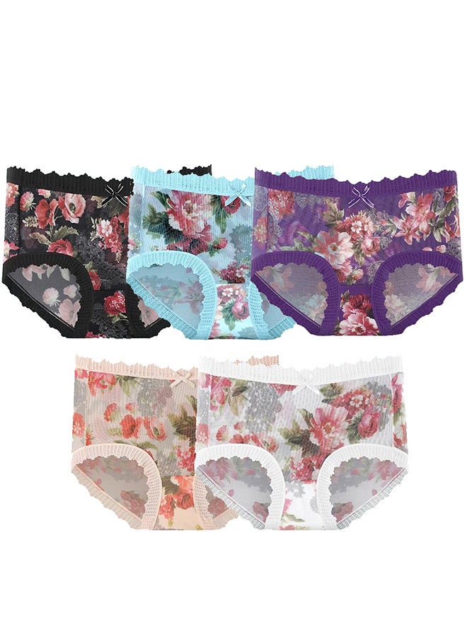 MARGOUN 5 Packs Ultra-thin Panties Women Lace Briefs Ice Silk Mid Waist Panties Female Lingerie Fashion Flower Print Seamless Underwear/M (Waist 22'')--L (Waist 24'')--XL (Waist 26'') - Image 3