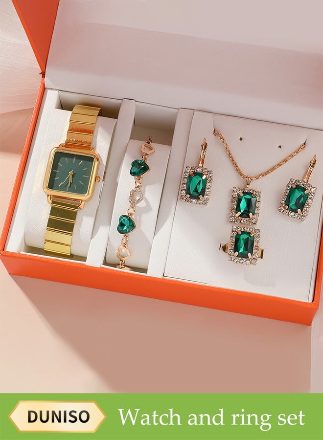DUNISO 5 Piece Set, Women's Watch Set With Diamond Decoration Bracelet, Necklace, Ring, Earrings, Green Jade Quartz Watch, Luxury Fashion Jewelry  - Image 1