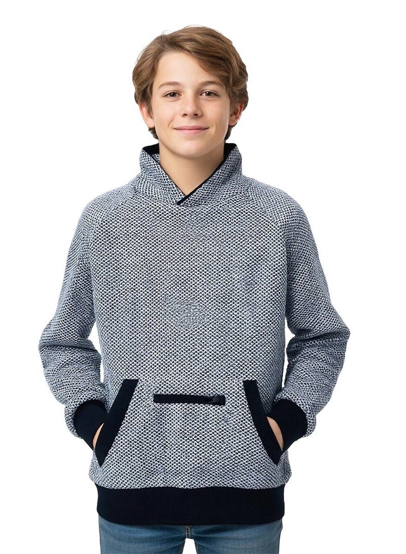 WiNi BEE Boys Pullover Hoodie Sweatshirt 10-14 Years, Gray Black Textured Knit, Front Pocket with Zipper Trim, Teen Boys Casual Jacket Top - Image 1