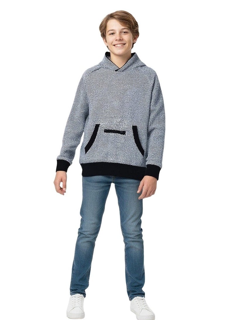 WiNi BEE Boys Pullover Hoodie Sweatshirt 10-14 Years, Gray Black Textured Knit, Front Pocket with Zipper Trim, Teen Boys Casual Jacket Top - Image 2