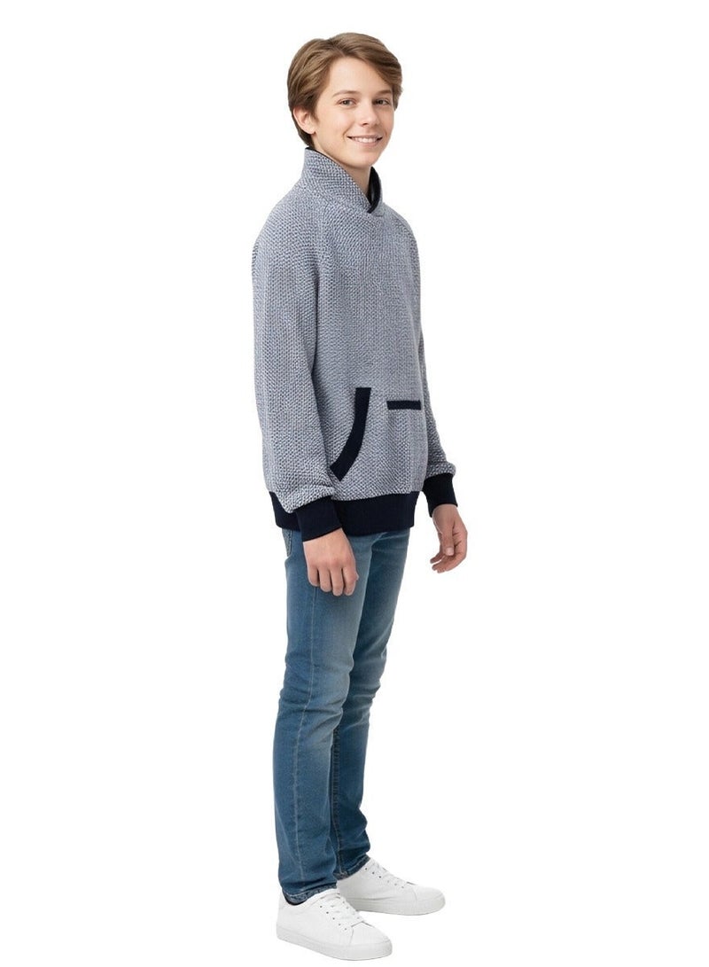 WiNi BEE Boys Pullover Hoodie Sweatshirt 10-14 Years, Gray Black Textured Knit, Front Pocket with Zipper Trim, Teen Boys Casual Jacket Top - Image 4