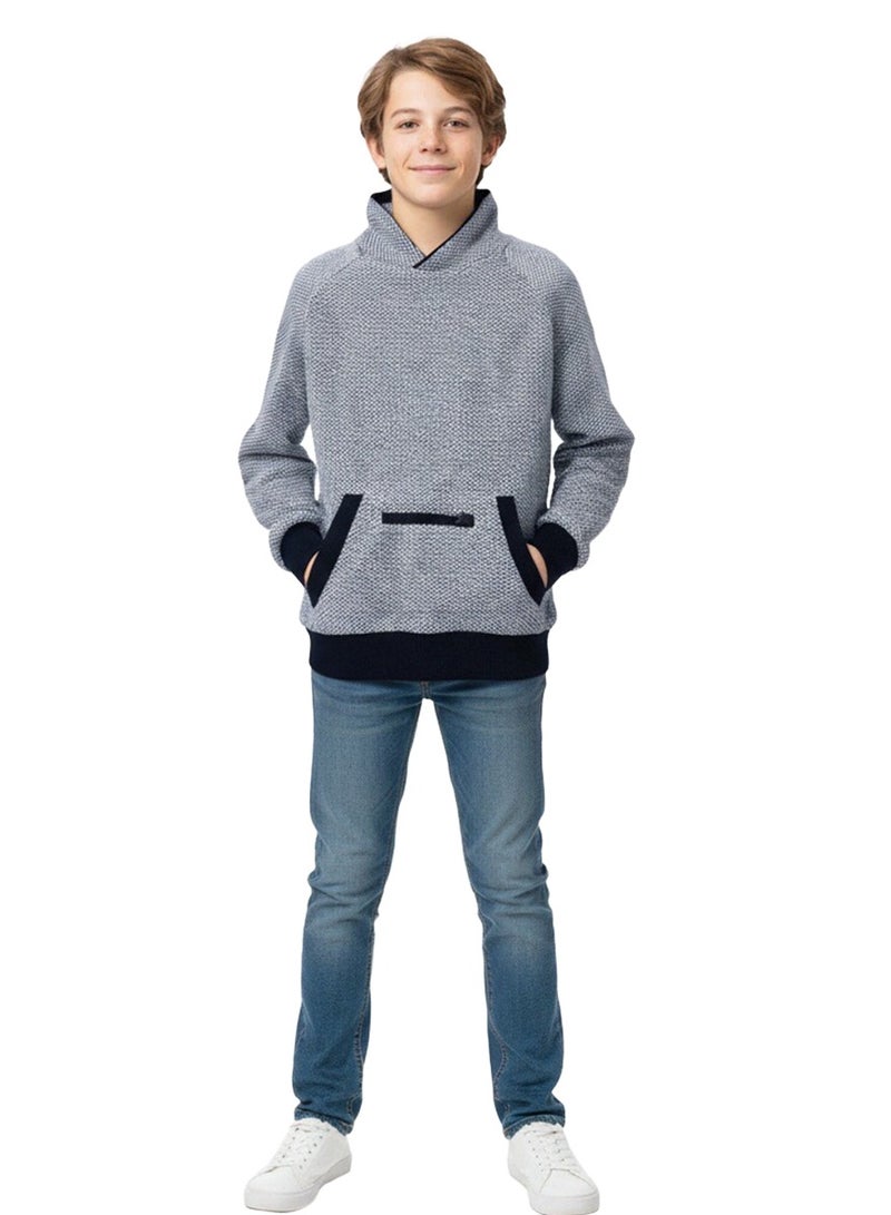 WiNi BEE Boys Pullover Hoodie Sweatshirt 10-14 Years, Gray Black Textured Knit, Front Pocket with Zipper Trim, Teen Boys Casual Jacket Top - Image 3