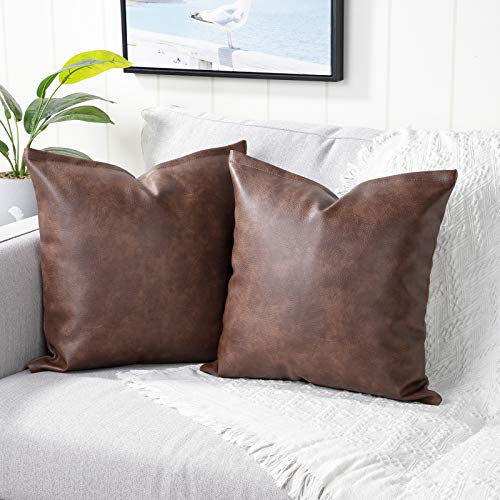 Yaertun Set of 2 Faux Leather Decorative Throw Pillow Covers Modern Solid Outdoor Cushion Cases Luxury Pillowcases for Couch Sofa Bed 16x16 Inches Dark Brown - Image 2