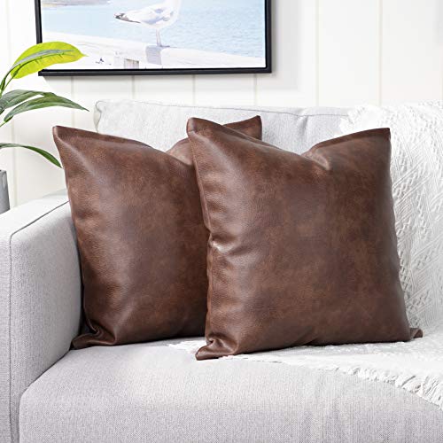 Yaertun Set of 2 Faux Leather Decorative Throw Pillow Covers Modern Solid Outdoor Cushion Cases Luxury Pillowcases for Couch Sofa Bed 16x16 Inches Dark Brown - Image 1