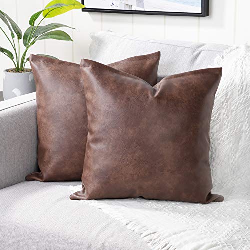 Yaertun Set of 2 Faux Leather Decorative Throw Pillow Covers Modern Solid Outdoor Cushion Cases Luxury Pillowcases for Couch Sofa Bed 16x16 Inches Dark Brown - Image 5