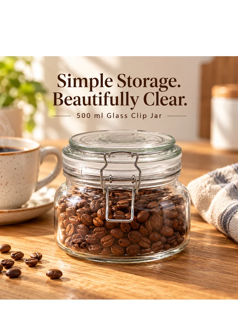 Cuisine Art Cuisine Art Glass Storage Jar with Clip Lid 500 ml, Clear Glass Food Container with PP Sealing Ring, Clip Top Pantry Canister for Coffee, Sugar, Tea, Spices, Nuts & Dry Food, 11.5 x 10 cm