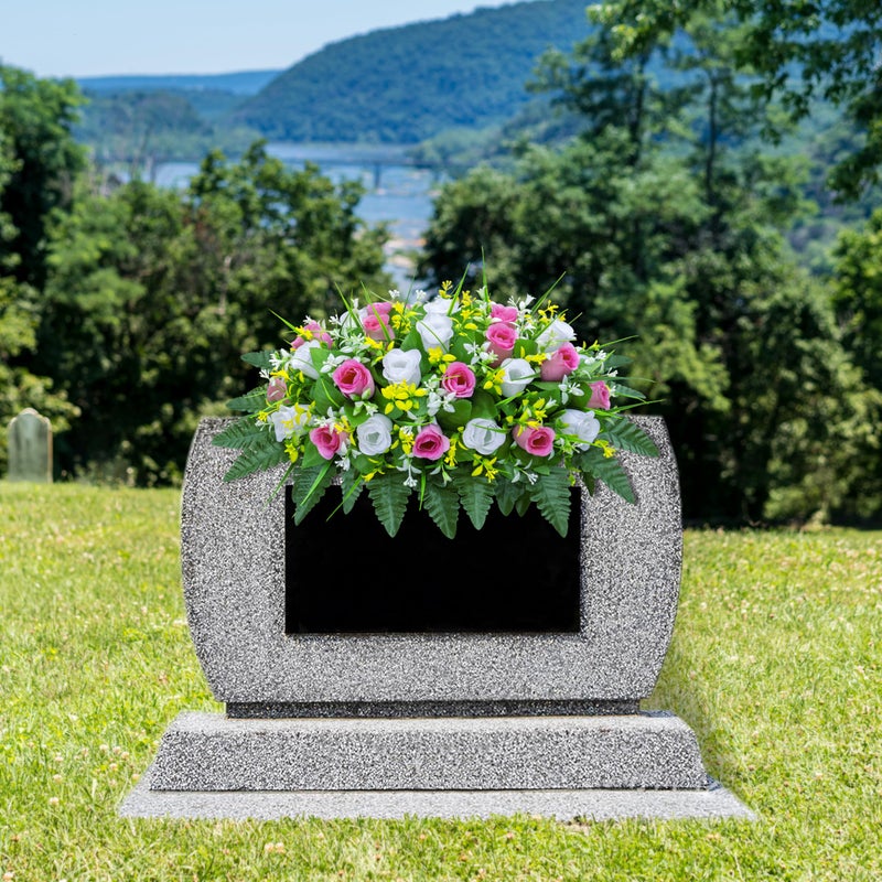 LVXINLI Artificial Cemetery Flowers Saddle-Shaped Tombstone Decorations Non-Fading UV-Resistantï¼ˆPink+White Saddle ï¼‰ - Image 2