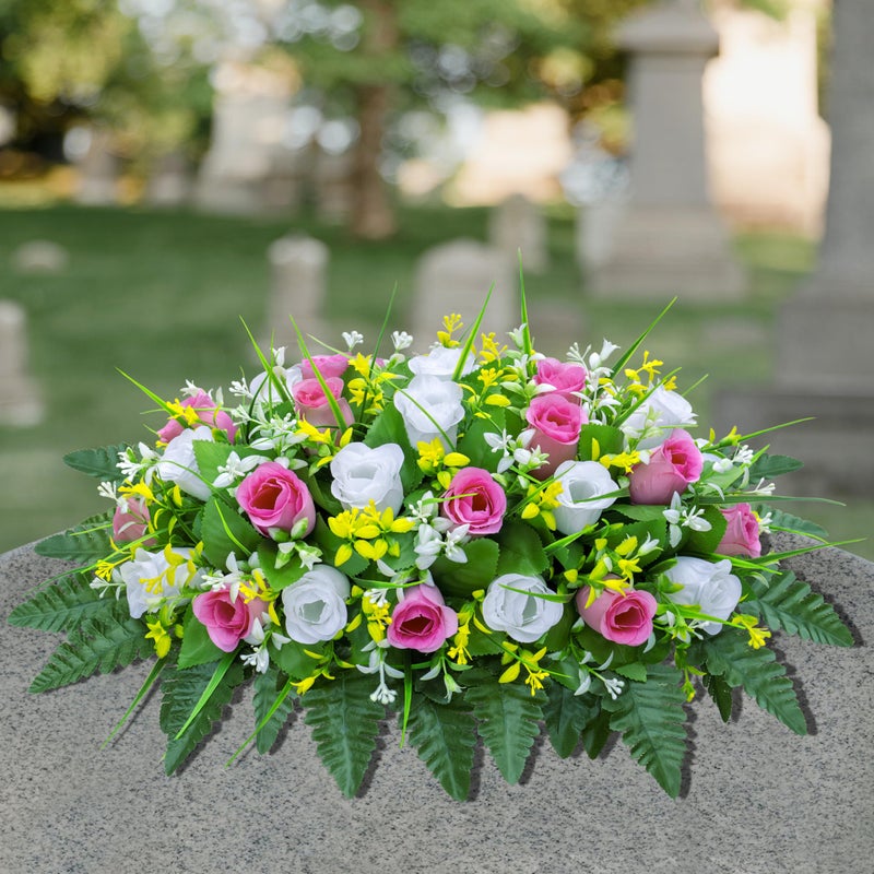 LVXINLI Artificial Cemetery Flowers Saddle-Shaped Tombstone Decorations Non-Fading UV-Resistantï¼ˆPink+White Saddle ï¼‰ - Image 5