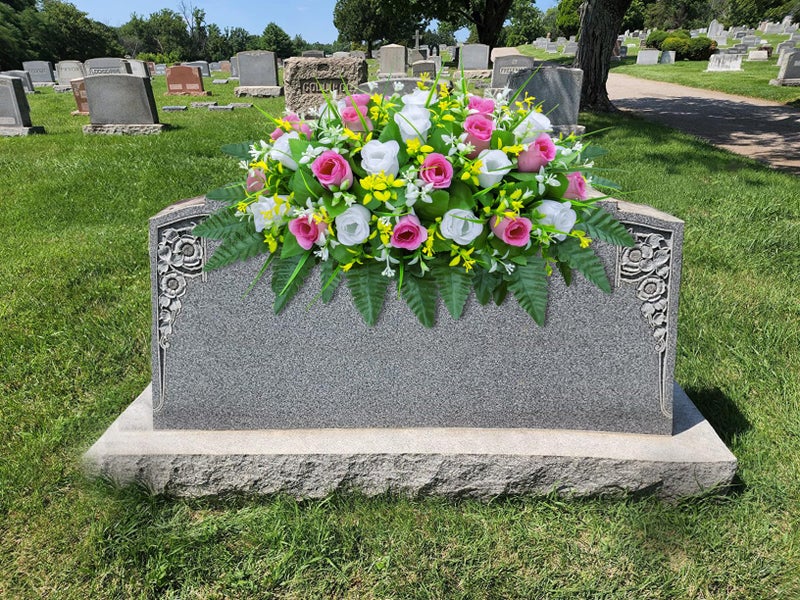 LVXINLI Artificial Cemetery Flowers Saddle-Shaped Tombstone Decorations Non-Fading UV-Resistantï¼ˆPink+White Saddle ï¼‰ - Image 3