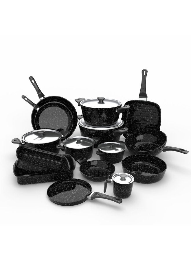 جرانيت طقم 21 ق ( ح 18-20-24-26-30 / م 24-30 / ووك 28 / جريل 28 / لبانة 16 / ص 30 / كريب 28 / طبق بيض 22 / طاجن 30-35 ) اسود