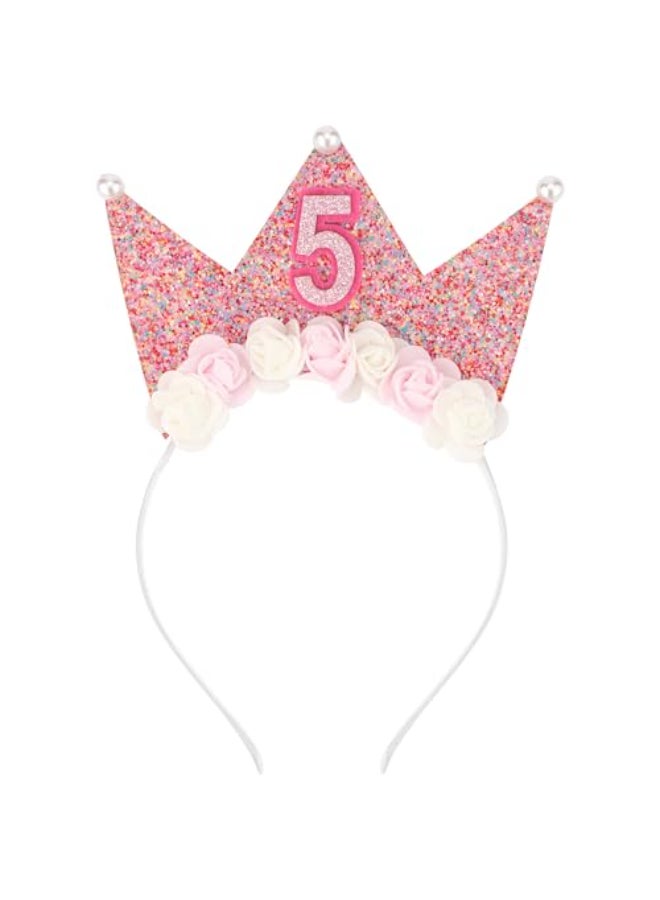 SuPoo 5th Birthday Decorations Girl Headband Crown Glitter Hair Band for Party Flower Princess Tiara Hair Accessory - Image 1