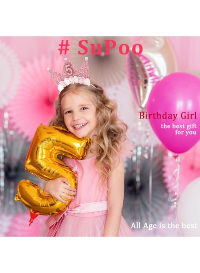 SuPoo 5th Birthday Decorations Girl Headband Crown Glitter Hair Band for Party Flower Princess Tiara Hair Accessory - Image 3