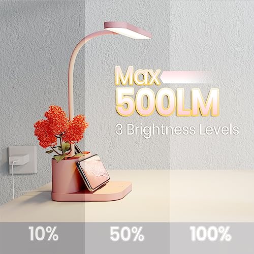 AXX Pink Desk Lamp for Home Office, Cute Table Lights for Bedrooms, Kawaii, Dimmable LED, Flexible Gooseneck, Pen Holder, Touch Control, Room College Dorm Essentials for Teen Girls Kids - Image 3
