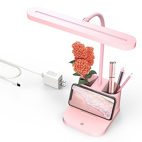 AXX Pink Desk Lamp for Home Office, Cute Table Lights for Bedrooms, Kawaii, Dimmable LED, Flexible Gooseneck, Pen Holder, Touch Control, Room College Dorm Essentials for Teen Girls Kids - Image 1