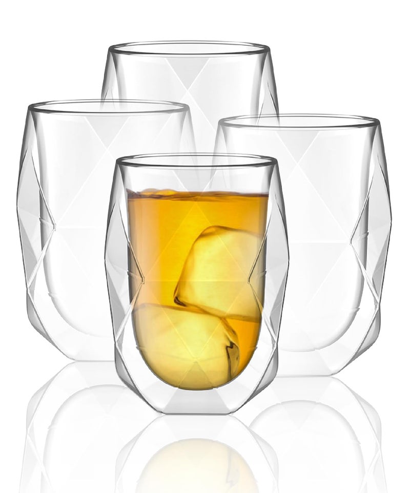 BTaT Double Wall Insulated Glass Mug  Diamond Shape Set of 4 12oz  Insulated Coffee Mug Clear Glass Coffee Mugs for Latte Tea or Coffee
