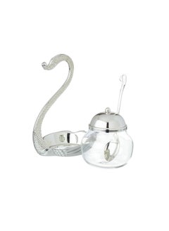 Dania Glass Sugar Bowl With Silver Metal Swan Decorative Holder + Metal Spoon  - Image 2