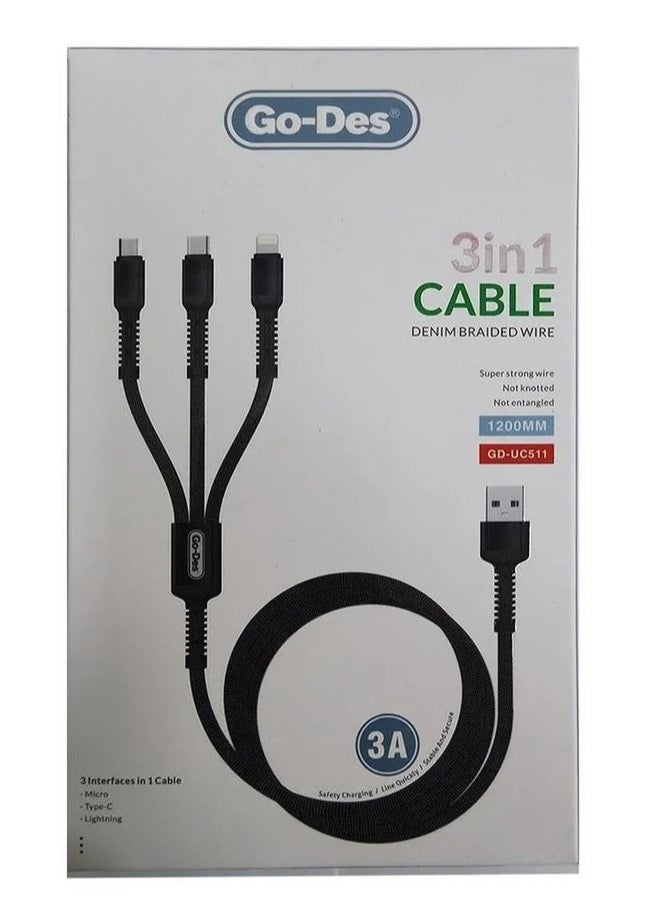 Go-Des 3in1 Fast charging Data cable type C ios and Micro Usb 3A, 1.2M GD-UC511