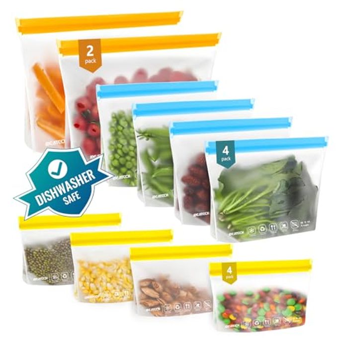 12PACK FOOD STORAGE BAGS DISHWASHER SAFE BPA FREE REUSABLE SNACK BAGS LEAKPROOF REUSABLE GALLON FREEZER BAGS FOR LUNCHTRAVEL2GALLON 4QUART 4SNACK COLORED