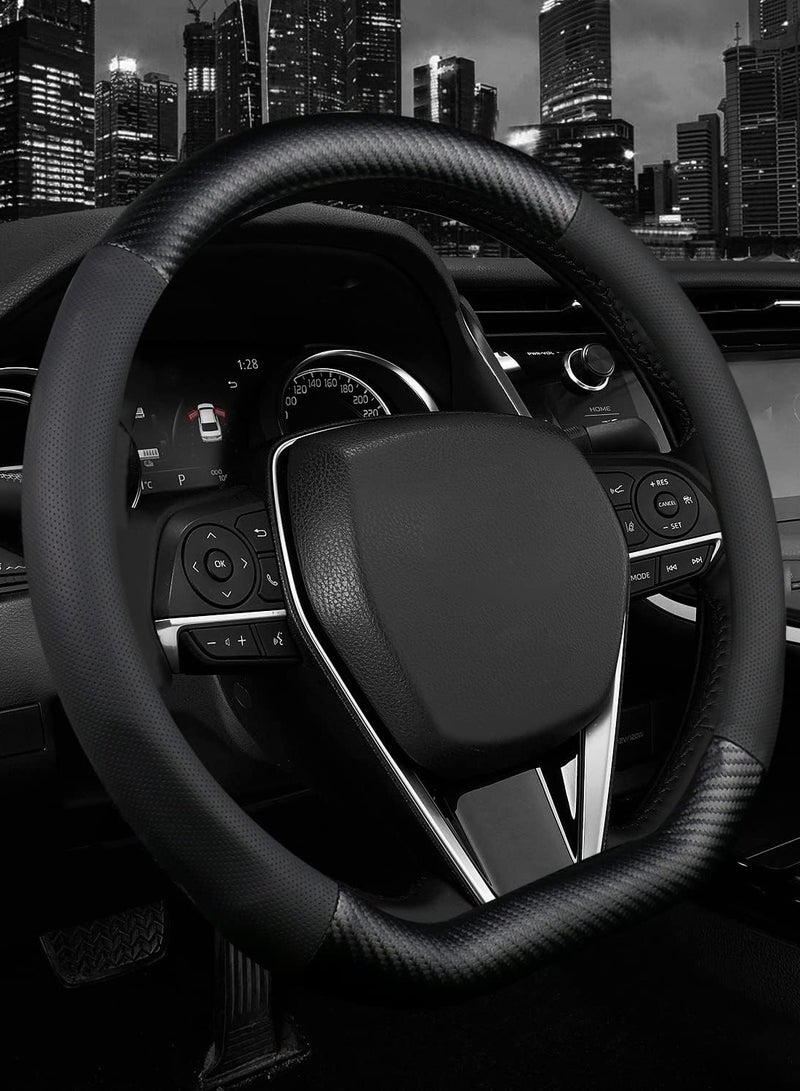 MT BEST BUYغطاء طارة دركسيون على شكل حرف D، واقي عجلة قيادة السيارة من الجلد الفاخر، تصميم الياف كربونية، غير قابل للانزلاق وجيد التهوية، مقاس عالمي 15 انش للسيارة/ - Image 1