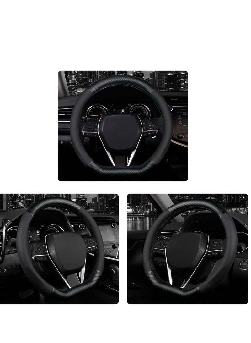 MT BEST BUYغطاء طارة دركسيون على شكل حرف D، واقي عجلة قيادة السيارة من الجلد الفاخر، تصميم الياف كربونية، غير قابل للانزلاق وجيد التهوية، مقاس عالمي 15 انش للسيارة/ - Image 2