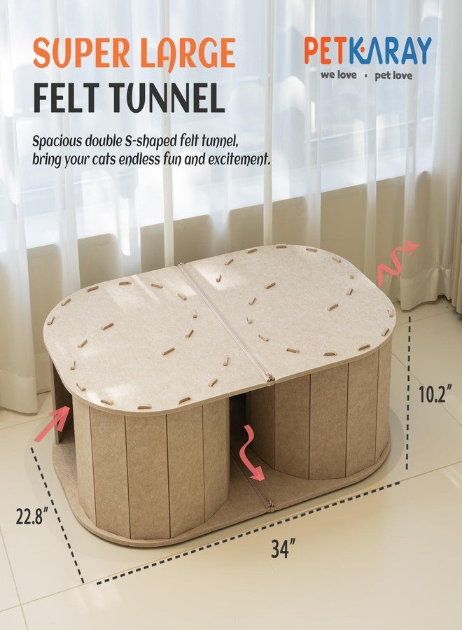 PETKARAY Large Felt Cat Tunnel, Double S-Shaped Hideaway for Indoor Cats, Interactive Cat Bed Cave and Hideout, 34x22.8x10.2 inches Beige - Image 2