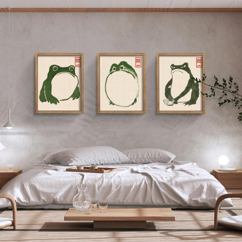 Houmury مجموعة Houmury من 3 مؤطرة اليابانية الضفدع الجدار ديكور علامات الجدار عتيق - Image 2
