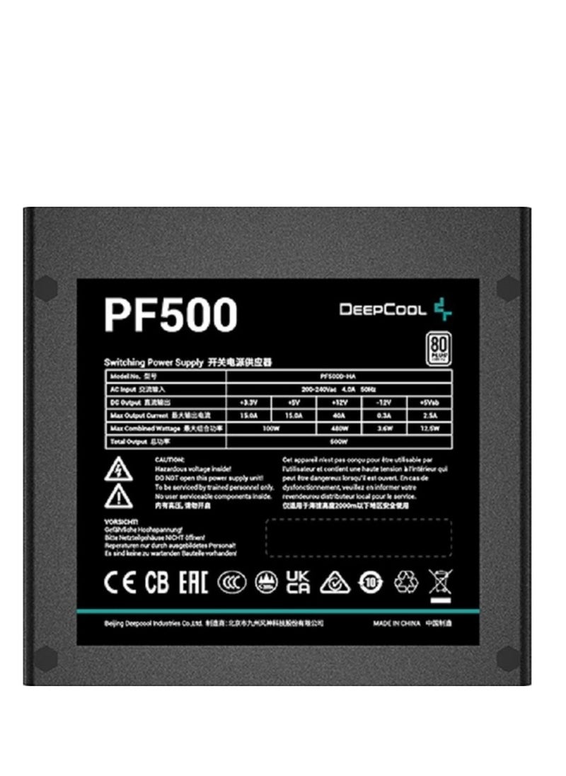 DEEPCOOL - PF500 500 Watts Power Supply Unit, 120mm Fan Size, Active PFC + Double Tube Forward, Hypro Bearing, 80 Plus Standard, 100-500ms Good Signal | R-PF500D-HA0B-UK - Image 1