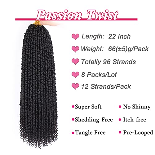Leeven 22 Inch 8 packs Pre-twisted Passion Twist Crochet Hair 12 Roots/pack Pre-looped Crochet Braids Hair for Passion Twist Braiding Hair Natural Black Twists Hair - Image 2