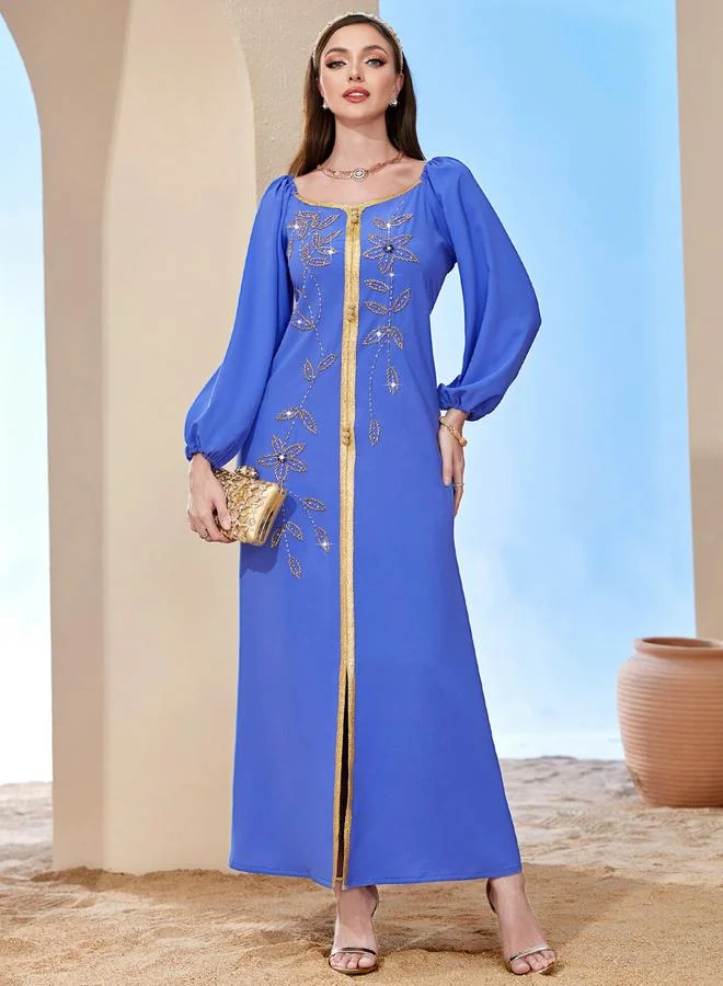 Take Two Women Blue Rhinestone Embellished Golden Trim Jalabiya