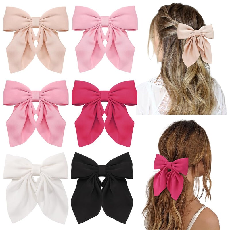 Seiolieliou 6Pcs Hair Bows for Women Bow Hair Clips Silky Satin Hair Bows for Girls Pink Hair Ribbon Cute Bow Clips for Women Hair Accessories Gifts