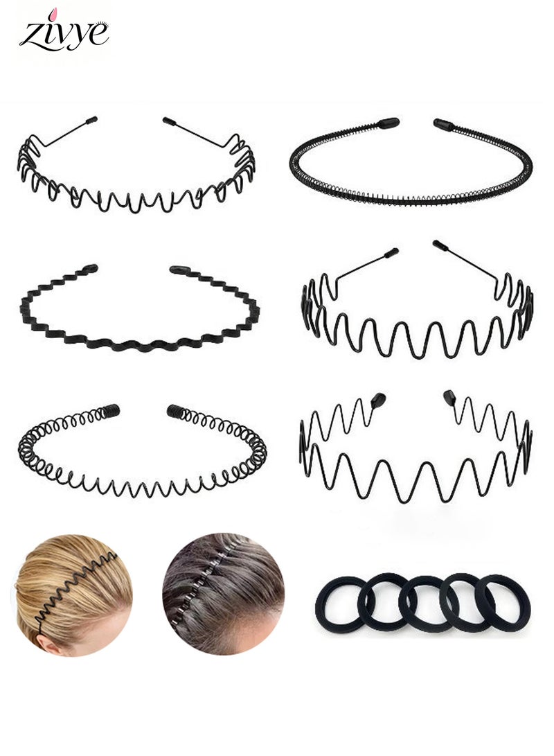 Zivye 6 Pieces Metal Headbands with 5 Elastics for Men and Women Fashion Headband, Unisex Wavy Hair Bands Outdoor Sports Head Bands Simple Elastic Non-Slip Hair Accessories - Image 1