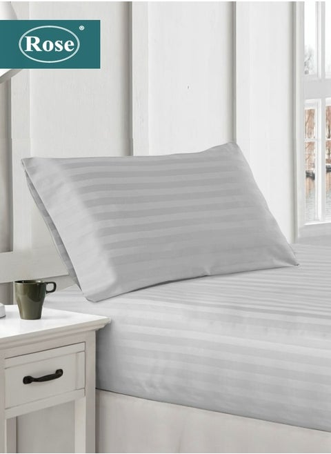 Rose Luxurious Hotel Stripe Fitted Sheet with Deep Pockets and Pillow Case, Bed Sheet 2-Pieces Set, Soft & Silky Breathable and Cooling, Extra Twin Size 120x200+35 cm, Light Grey