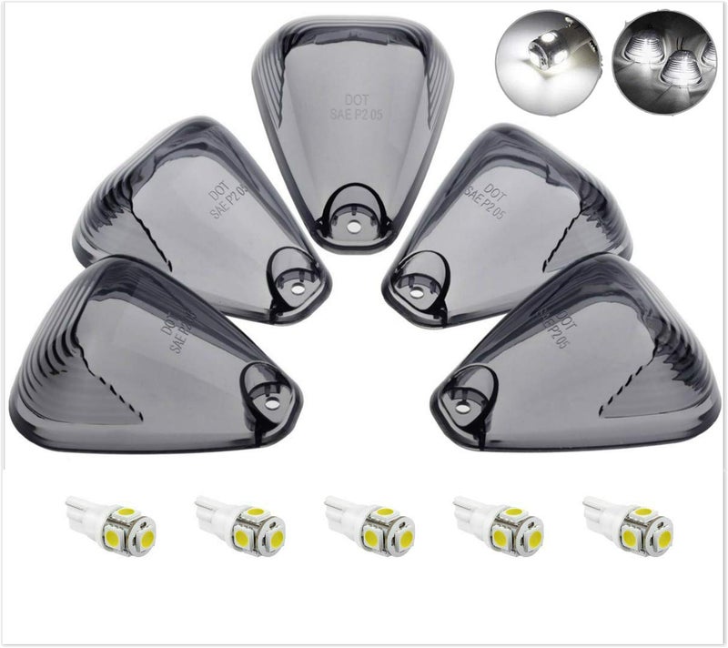 KOMAS 5pcs Smoked Roof Running Light Cab Marker Smoke Cover Lens + 5x T10 6-3020-SMD White LED Bulb for 1999-2016 Ford F150 F250 F350 F450 F550 E150 E250 E350 E450 E550 - Image 1
