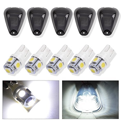 KOMAS 5pcs Smoked Roof Running Light Cab Marker Smoke Cover Lens + 5x T10 6-3020-SMD White LED Bulb for 1999-2016 Ford F150 F250 F350 F450 F550 E150 E250 E350 E450 E550 - Image 2