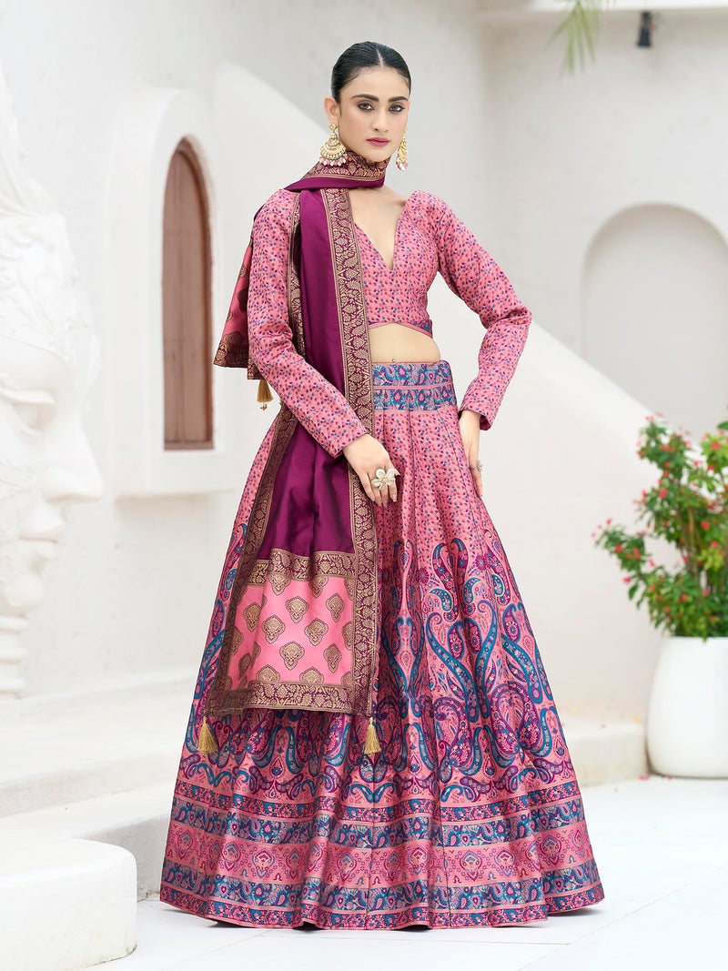 PURVAJA Women's Kanjiwaram Semi-Stitched Lehenga choli (Zahira-Pink_Free Size) - Image 4