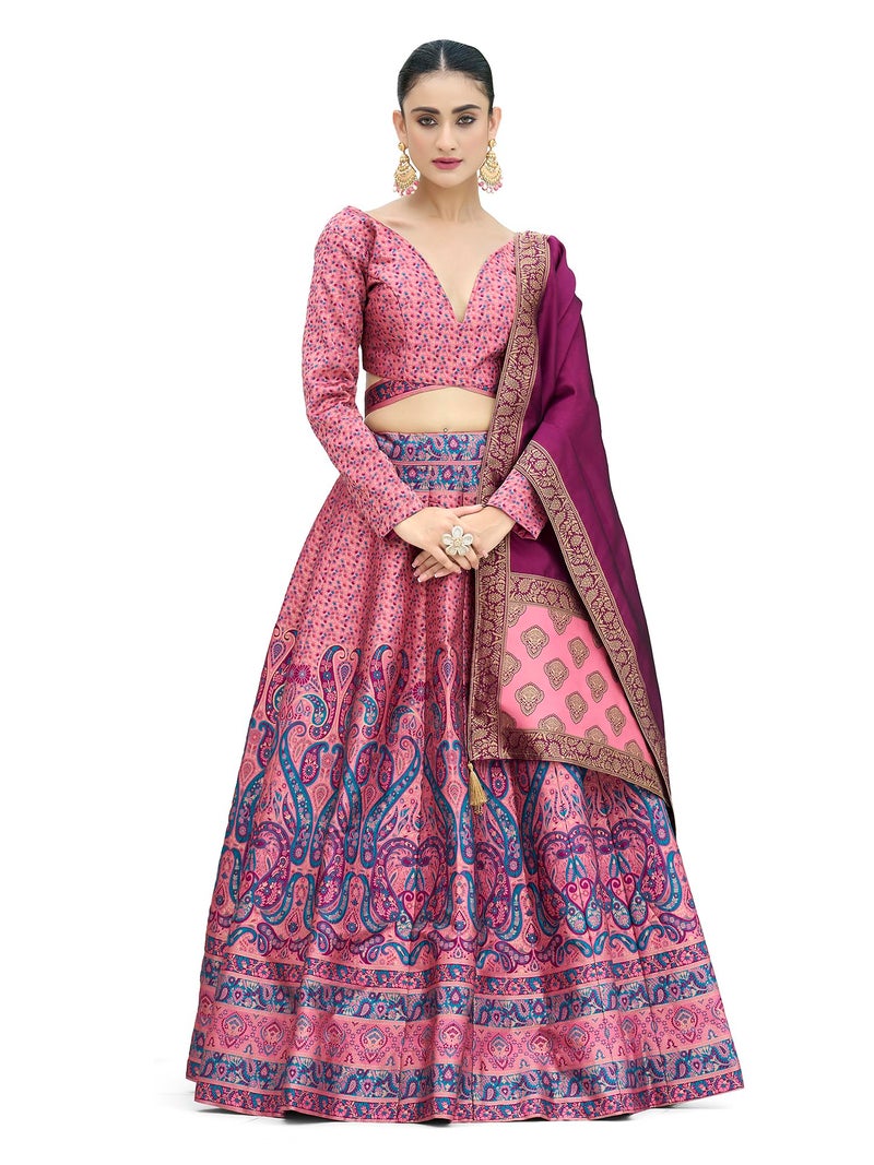 PURVAJA Women's Kanjiwaram Semi-Stitched Lehenga choli (Zahira-Pink_Free Size) - Image 1
