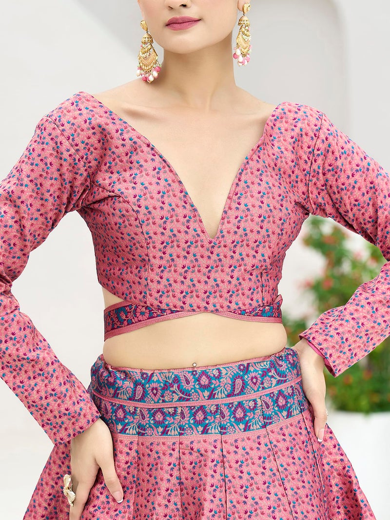 PURVAJA Women's Kanjiwaram Semi-Stitched Lehenga choli (Zahira-Pink_Free Size) - Image 5