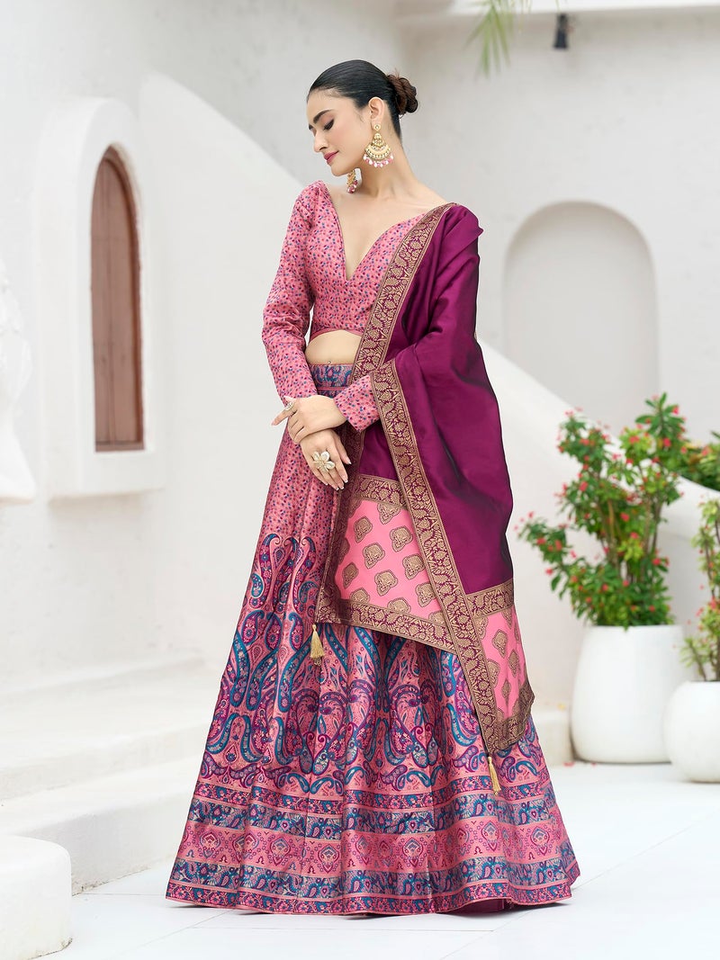 PURVAJA Women's Kanjiwaram Semi-Stitched Lehenga choli (Zahira-Pink_Free Size) - Image 2