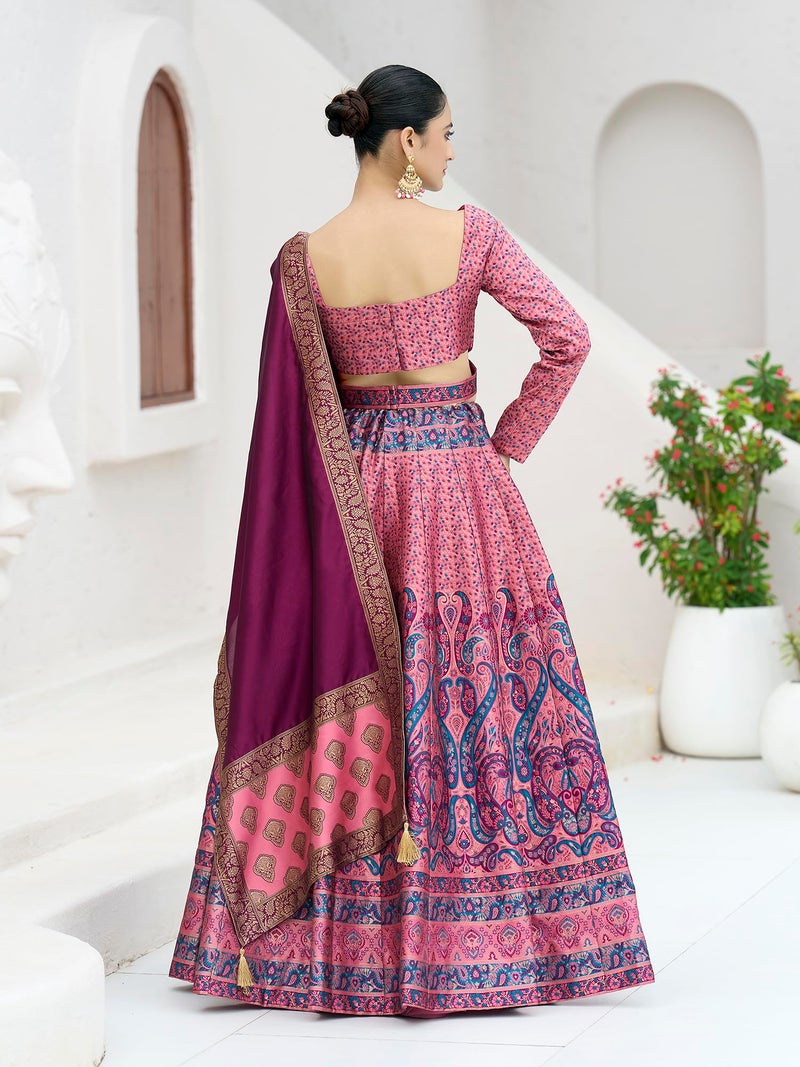 PURVAJA Women's Kanjiwaram Semi-Stitched Lehenga choli (Zahira-Pink_Free Size) - Image 3