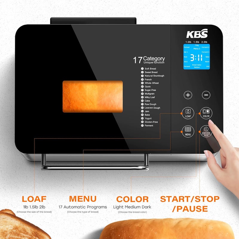 KBS Pro Stainless Steel Bread Machine, 2LB 17-in-1 Programmable XL Bread Maker with Fruit Nut Dispenser, Nonstick Ceramic Pan& Digital Touch Panel, 3 Loaf Sizes 3 Crust Colors, Reserve& Keep Warm Set - Image 2
