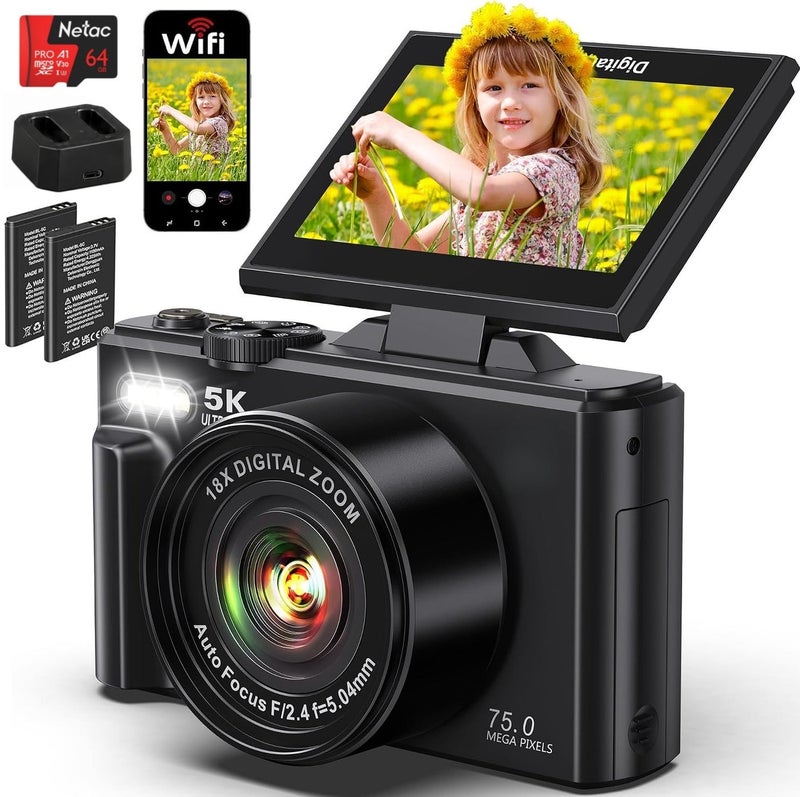 Lecran 5K Point and Shoot Digital Camera, 75MP for Photography, 2 Batteries, Wide Angle & Macro Lens, With 64GB TF Card, 18X Digital Camera with 3" 180° Flip Screen - Image 1