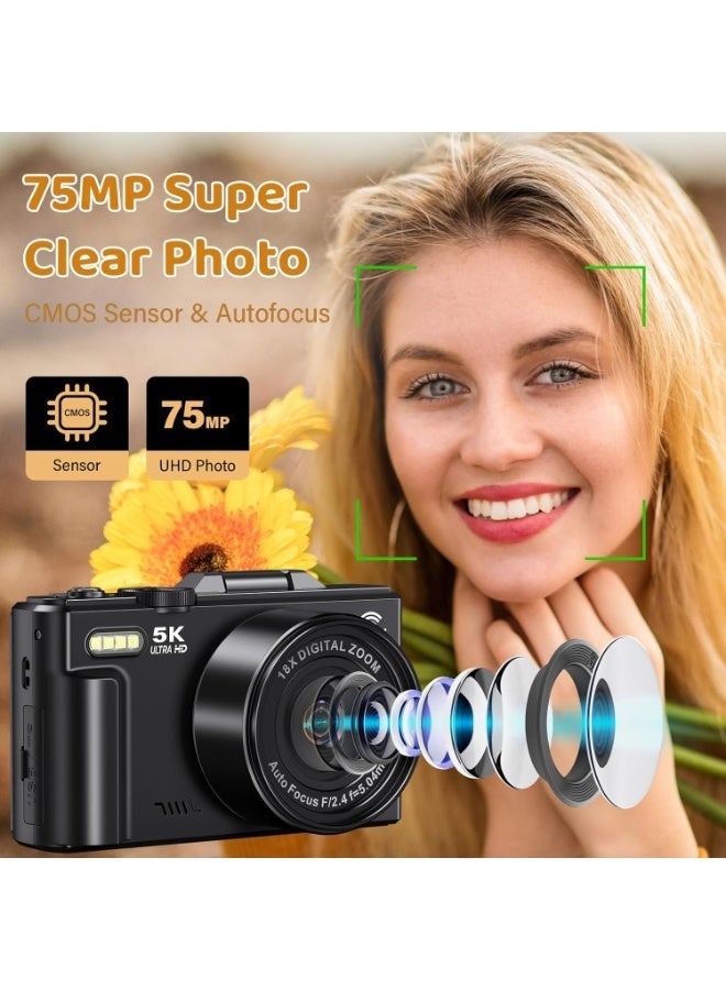 Lecran 5K Point and Shoot Digital Camera, 75MP for Photography, 2 Batteries, Wide Angle & Macro Lens, With 64GB TF Card, 18X Digital Camera with 3" 180° Flip Screen - Image 2