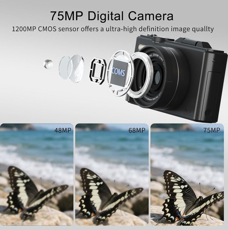 Lecran 5K Point and Shoot Digital Camera, 75MP for Photography, 2 Batteries, Wide Angle & Macro Lens, With 64GB TF Card, 18X Digital Camera with 3" 180° Flip Screen - Image 5