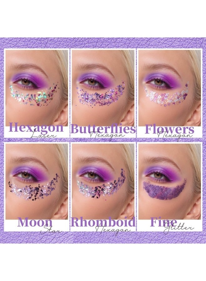 Beauenty Body Glitter Gel,Purple Face and Body Glitter Set, 6 Shapes, Hair Glitter Gel, Makeup Glitters for Face, Body, Hair  - Image 2