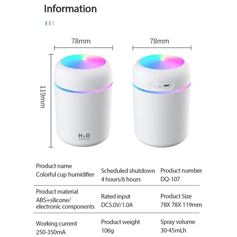 FIRAWER H2O Humidifier Mini Cool Mist Humidifier with Multicolor LED Night Light 300ml Capacity 2 Mist Modes and Auto ShutOff Personal Desktop Humidifiermulticolor Pack of 1 - Image 2