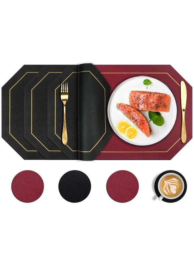 DUNISO 4 Piece Set of Octagonal Table Placemats，Including 4 Placemats and 4 Coasters， Dual Sided Table Placemats Non-Slip Placemats Wipe Clean Stain Resistant Placemats，43x30cm,Black&Red  - Image 1