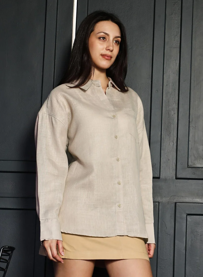 PINACOLADA  Women's Khaki Beige Solid Linen-Blend Shirt | نساء | أكمام طويلة | سادة | كاجوال | قميص | طوق منتشر for Women | Best Price UAE