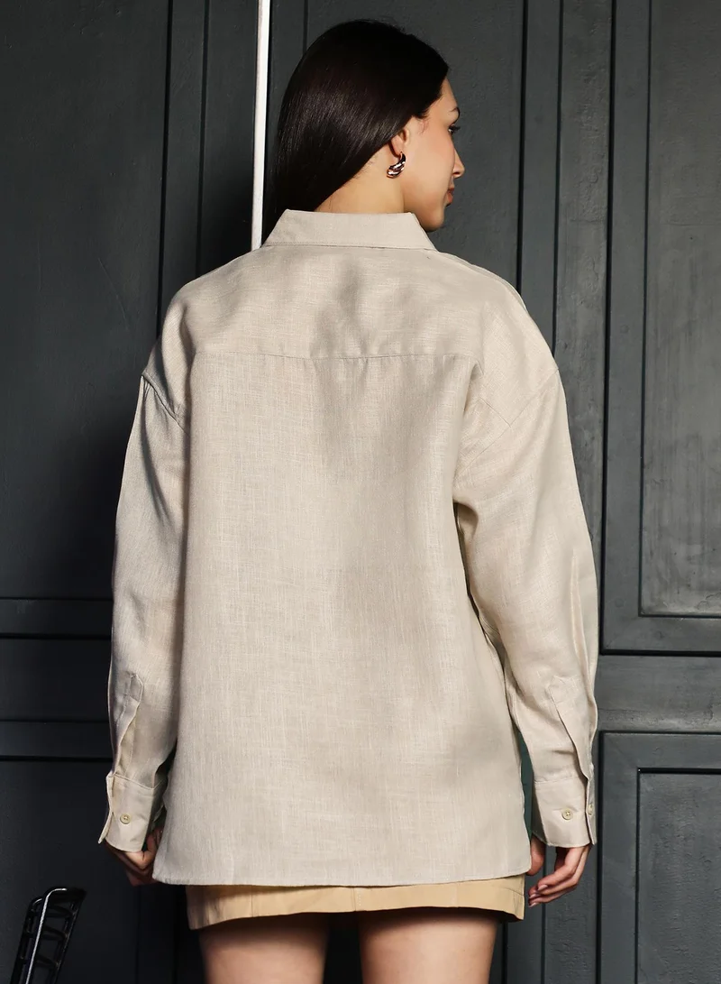 PINACOLADA  Women's Khaki Beige Solid Linen-Blend Shirt | نساء | أكمام طويلة | سادة | كاجوال | قميص | طوق منتشر for Women | Best Price UAE