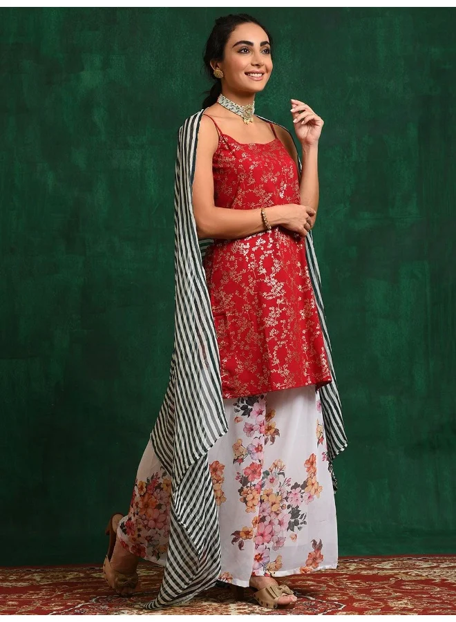 AKS Red Foil print Kurta with Floral palazzo and striped Dupatta